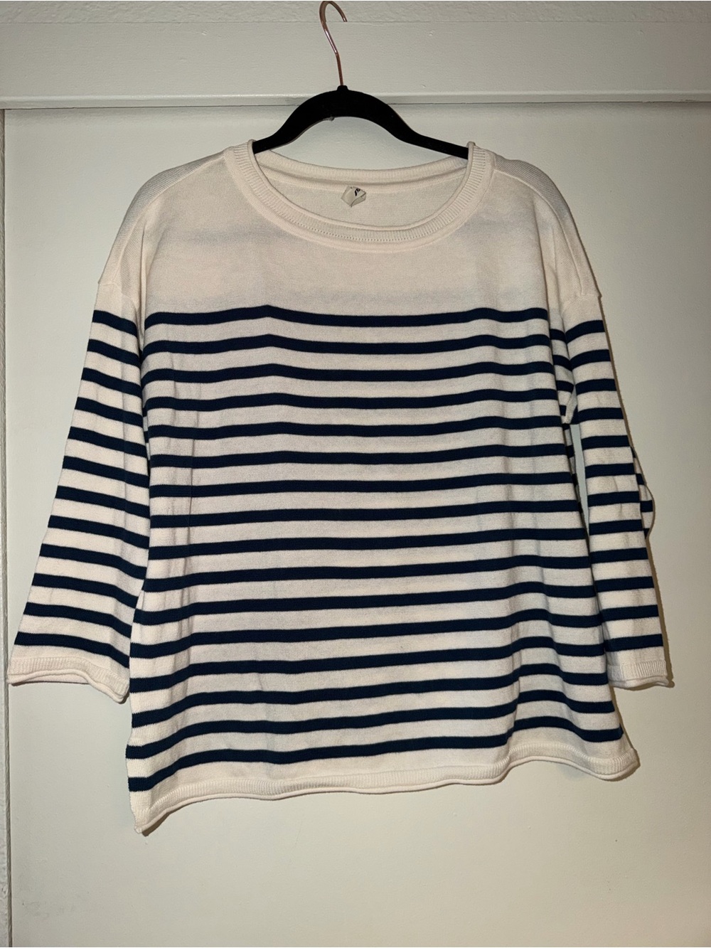 Pact White & Navy Striped Long Sleeve Boatneck Tee
